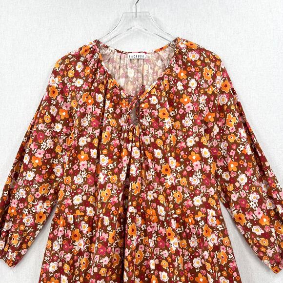 LACAUSA Berkeley Ruffle Midi Dress Womens XS Burnt Orange Floral Balloon Sleeves - Picture 7 of 16